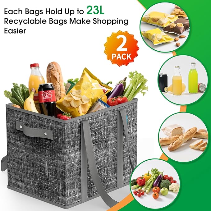 Fab totes Reusable Grocery Bags, Large Foldable Shopping Tote Bags with Reinforced Handles & Hard Bottom,Water Resistant Grocery Bags for kitchen,Picnic,2 Pack, Black