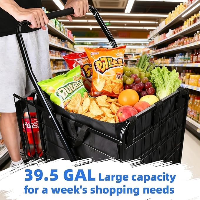 Folding Shopping Cart with Removable Waterproof Liner, 450LBS Capacity Grocery Cart with 39.5 Gal Dual Basket & 360° Swivel Wheels, Heavy-Duty Wagon for Grocery Shopping Laundry Transport