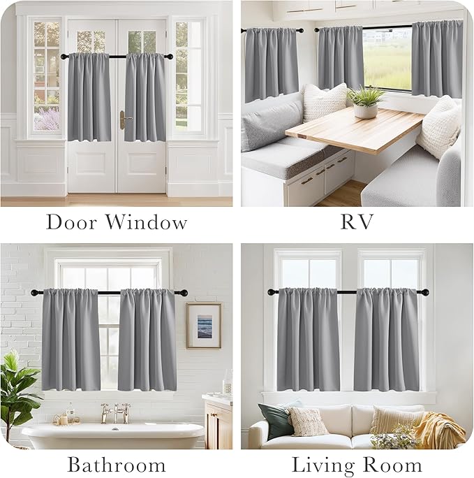 PONY DANCE Silver Grey Short Window Curtains for Kitchen 24 inch Long, 2 Panels Set Half Window Drapes for Bedroom Basement, Blackout Small Curtains for Travel Trailers, Width 29 x Length 24 inches