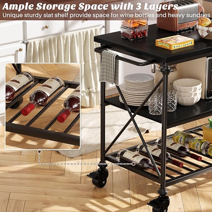 Homieasy Kitchen Island Cart with Wheels, 3-Tier Wood and Metal Rolling Kitchen Island Table with Pipe Legs, Storage Shelves & Lockable Casters for Kitchen Dining Room, Black