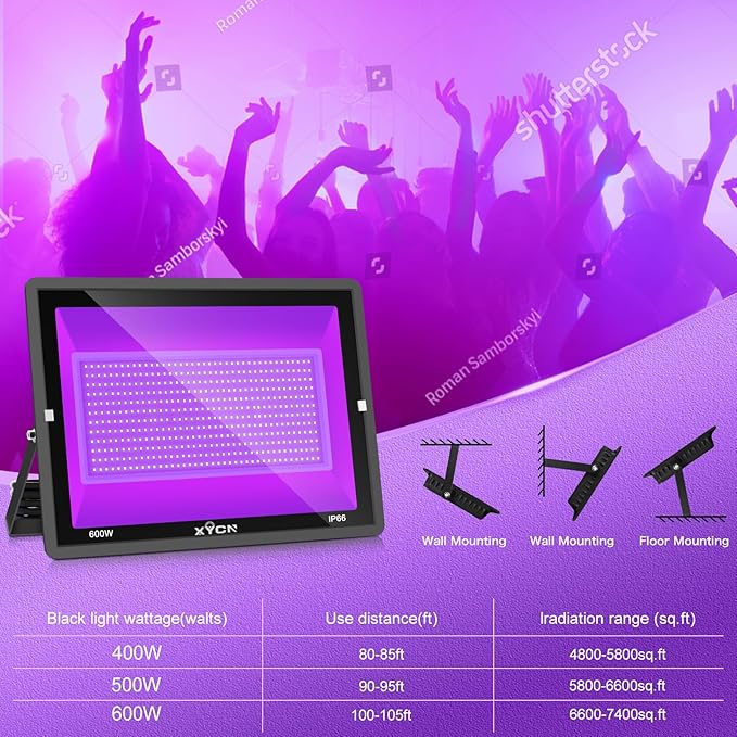 XYCN(3 Pack 600W LED Black Lights, 395nm to 410nm Outdoor IP66 Waterproof Flood Blacklight Light with Plug for Glow in The Dark, Dance Party, Stage Lighting, Body Paint, Neon Glow,Fluorescent Poster