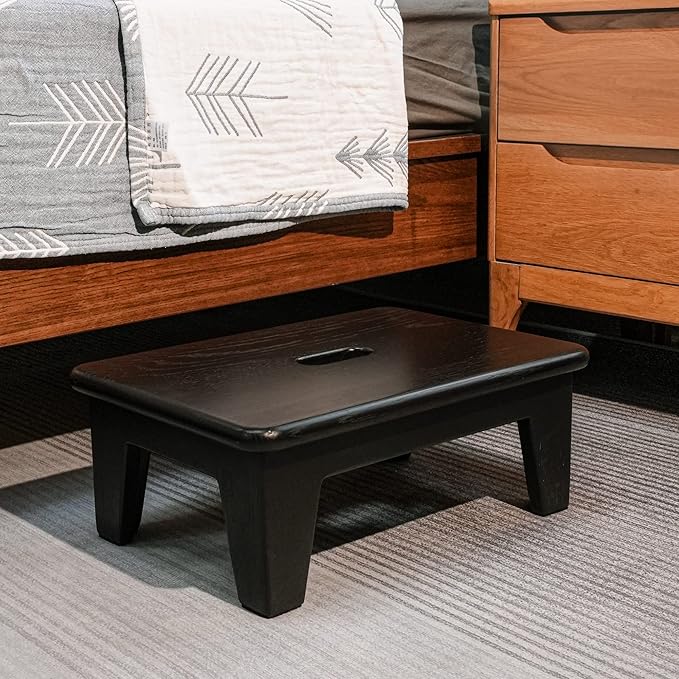 CONSDAN Step Stool for Bed - USA Grown Oak, Wooden Stool for Adults and Seniors, 6.5" High, Non-Slip Mat, No Assembly Needed, Solid Wood, Black Color
