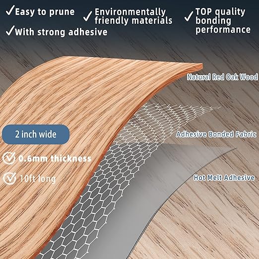 Red Oak Edge Banding, 2 inch x 10ft roll of Veneer Edge Banding -Pre-glued Flexible, Real Wood Tape Banding for Cabinet Repair Furniture Restoration