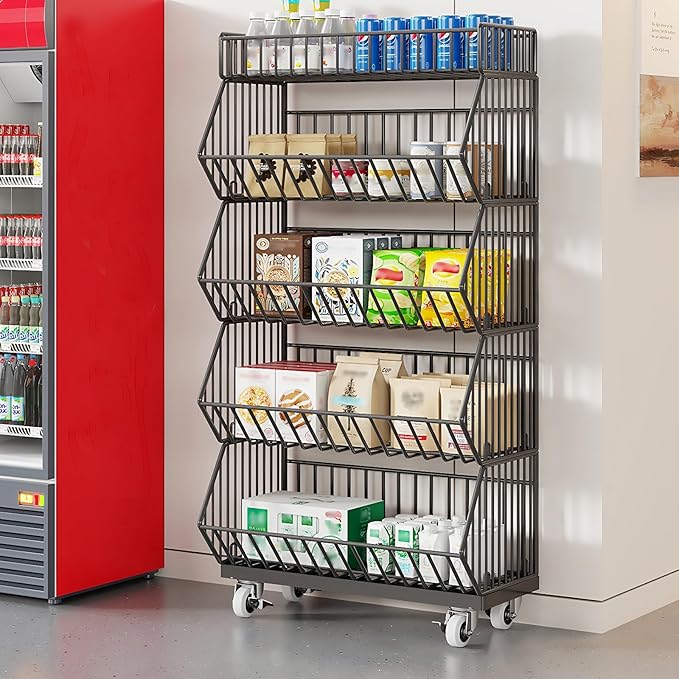5-Tier Slanted Rolling Retail Display Rack with Locking Wheels | Heavy-Duty Metal Snack & Chip Display Stand for Grocery Stores, Supermarkets, Bakery | Space-Saving Store Organization Shelf