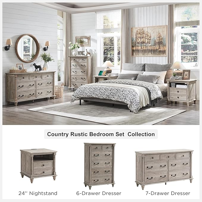 T4TREAM Farmhouse 7 Drawers Dresser Chests for Bedroom w/ 4 Solid Wood Feet & Column Decor, Tall Wide Wood Country Rustic Chest of Drawers, Storage Dressers for Bedroom, Living Room, Light Rustic Oak
