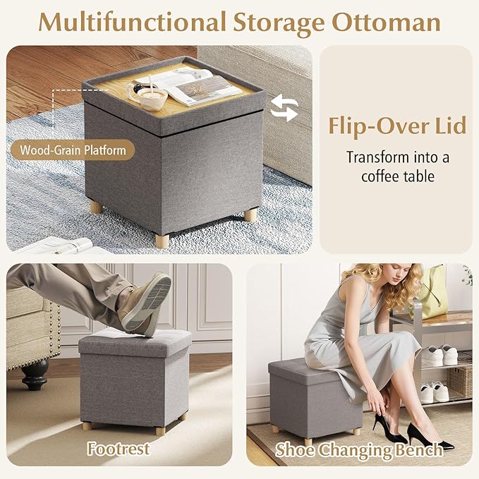 GOFLAME 18 Inches Storage Ottoman, Linen Fabric Cube Footstool with Rubber Wood Legs, Side Table with Flip Top Tray, Square Foot Rest Stool, Shoe Changing Stool for Living Room, Bedroom, Entryway