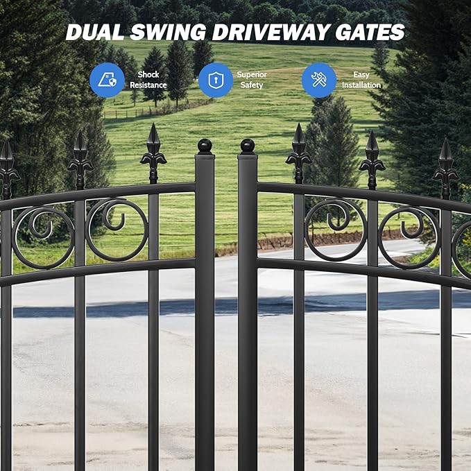ZUMI Dual Swing Driveway Gates, 14x6 ft. Outdoor Steel Swing Gates for Driveway, Heavy-Duty Driveway Fence Gates for Home Security, Weatherproof Iron Security Gate Kit for Outdoor, Sydney
