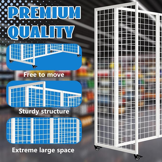 Grid Wall Panels with Wheels, 4 x 5.5Ft Gridwall Panel Display Stand, Sturdy Art Display Panels, Grid Display Stand, White