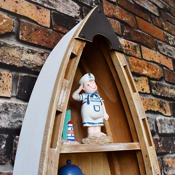 Wood Hanging Boat Shelf Nautical 4-Tiered Shelves for Living Room Bathroom Bedroom - Beach Themed Decorative Bookcase Wooden Wall Art Ornament Display Shelf Rustic Coastal Home Decor
