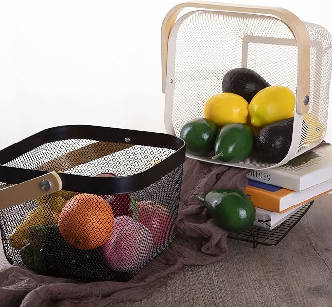 IBWell Square Metal Wire Woven Fruit Storage Bowl Basket with Wooden Handle, Large Black Mesh Fruit Stand, Multi-function Hanging Kitchen Baskets (White, Normal)
