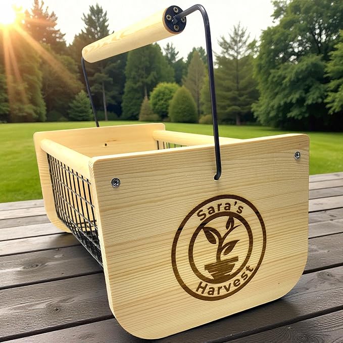 Personalzied Harvest Garden Basket, Handmade Solid Wood Construction with Rotatable Handle, Wire Mesh Design, 16x9x7 Inches, Multi-Purpose Vegetable and Fruit Harvesting Hod Custom Name
