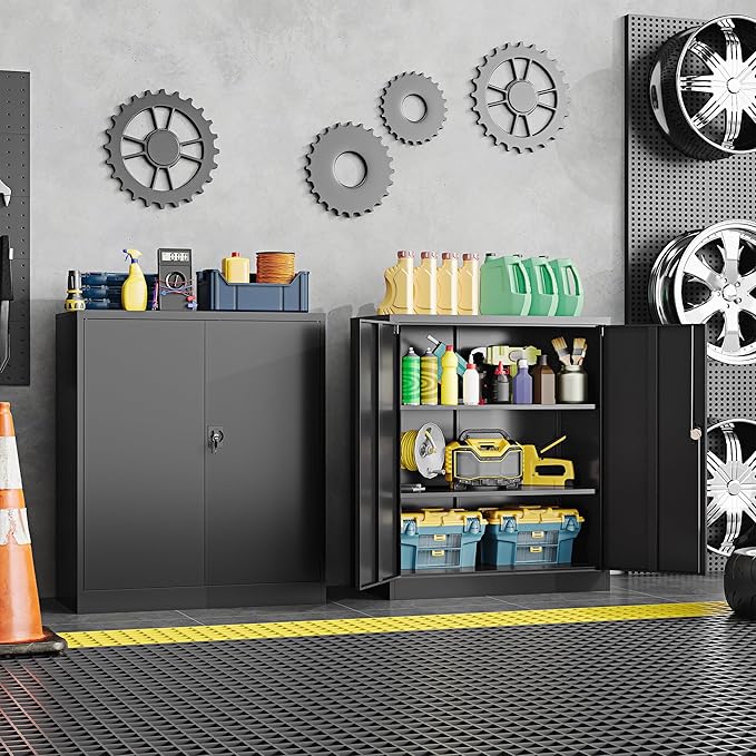 Metal Storage Cabinet, Wide & Deep Storage Cabinet with 2 Doors and Adjustable Shelves, Lockable Tool Cabinet for Garage,Home Office and School (Black)