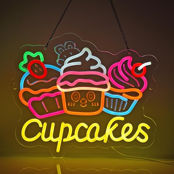 Cupcakes Neon Sign, Cupcakes Neon Lights Hanging Wall Art Decoration for Bakery Cafe Business Service Home Shop/Truck, USB Powered Ultra Bright Dimmable, 14.17×12.6 inches