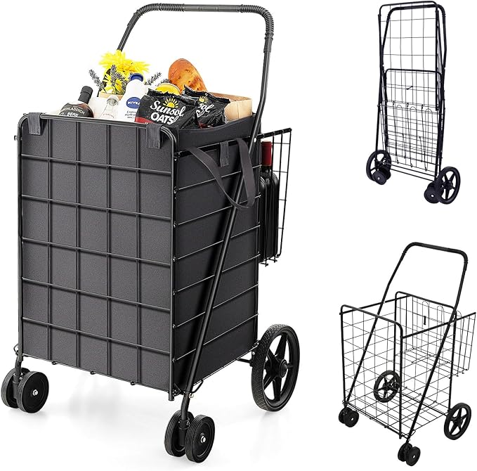 Goplus Folding Shopping Cart for Groceries, Upgraded Jumbo Grocery Cart with Waterproof Liner, 32 Gallon Capacity, 360° Rolling Swivel Wheels and Double Basket, Heavy Duty Foldable Utility Cart