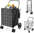Goplus Folding Shopping Cart for Groceries, Upgraded Jumbo Grocery Cart with Waterproof Liner, 32 Gallon Capacity, 360° Rolling Swivel Wheels and Double Basket, Heavy Duty Foldable Utility Cart