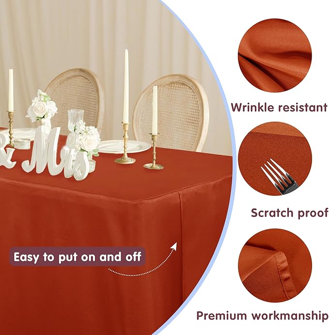 HolidayIdeas 2 Pack Fitted Thanksgiving Tablecloth for 4ft Tables, Rust Table Cover for Holiday Dinner & Buffet, Wrinkle-Resistant Fall Party Decorations for The Home