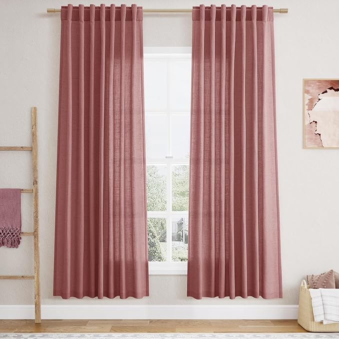 Canyon Rose Linen Curtains 72 Inch Length for Living Room Sheer Lightweight Door Drapes 2 Panels Set for Kids Bedroom Light Filtering Back Tab Rod Pocket Curtain for Kitchen Protect Privacy 52x72