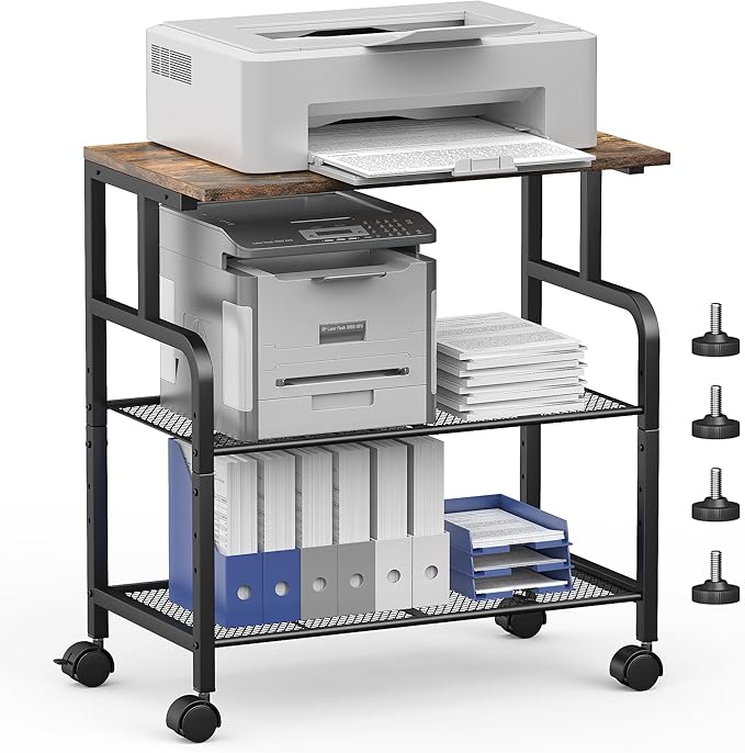 Printer Cart with Wheels, Printer Stand with Storage, Printer Table for Home Office, 3 Tier Cart with Adjustable Shelf, Supports Up to 100 Lbs, for Print, Heat Press, Scanner & Fax