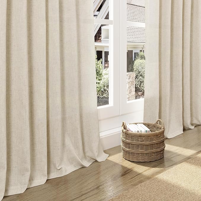 Beige Linen Curtain 96 inches Long for Living Room Back Tab Neutral Vintage Country Rustic Farmhouse Curtain Burlap Textured Canvas Cloth Look Drapes 96 inch Length for Dinning Room Bedroom 8 FT