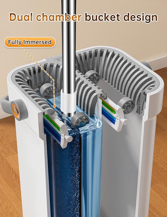 CTIME Large Mop and Bucket with Wringer Set, 7-Layer Scrapers, Flat Mop and Bucket System, Wall Mop with Adjustable Handle, 4 Washable 15.74" Microfiber Pads