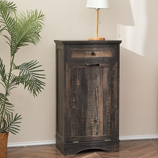 13 Gallons Tilt Out Trash Cabinet Freestanding Kitchen Trash Bin Cabinet Wood Garbage Recycling Cabinet with Hideaway Drawer Pet Proof Trash Can Holder for Kitchen Living Room, Rustic Brown