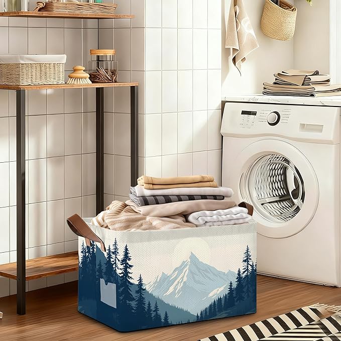 Decorative 32L Blue Misty Forest Storage Bins with Handles, Organization and Storage, Cube Storage Organizer for Hamper, Nursery