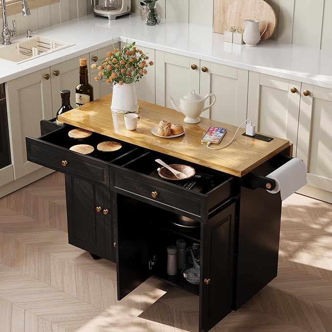 COCO DESIGN 60" Rolling Kitchen Cart with Power Strip & Drop Leaf, Thick Countertop, Large Storage Cabinet & Drawers, Mobile Island with Locking Wheels, Towel Rack and Spice Rack, Black and Oak