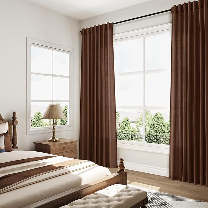 Nanspring Mocha Brown Linen Curtains 84 Inches Long for Living Room Back Tab Luxury Light Filtering Privacy Semi Sheer Curtain Farmhouse Decor Boho Textured Drapes for Bedroom 52x84 Inch,2 Panels