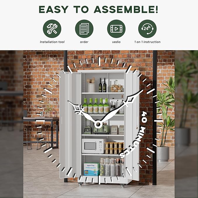 Greenvelly Metal Storage Cabinet with Wheels, 73" H Lockable Rolling Storage Cabinets with Doors and 4 Adjustable Shelves, Large Steel Cabinet for Garage, Office, Home, School (White)