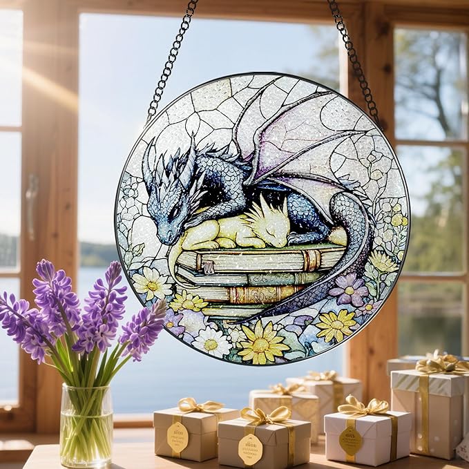 Stained Glass Window Hanging, 8 Inch Dragon Stained Glass Suncatcher, Dragon Decor, Home Decor for Windows, Book Lover Gift, Gifts for Book Lovers, Gifts for Bookworm on Birthday Christmas