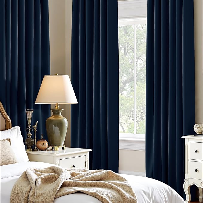 PONY DANCE Short Black Out Curtains 48 inch Long for Small Window, Rod Pocket Privacy Bathroom Draperies,Thermal Insulated Lighting Blocking Drapes for RV(2 Panels Set, Navy Blue, W42 x L48 inches)
