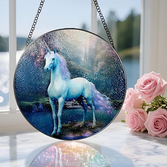 8″ Stained Glass Window Hanging Ornament, Unicorn Stained Glass Suncatcher Ornament, Sun-Catcher Window Decor | Christmas & Birthday Gifts, Festival Gift | Gifts for Women & Her