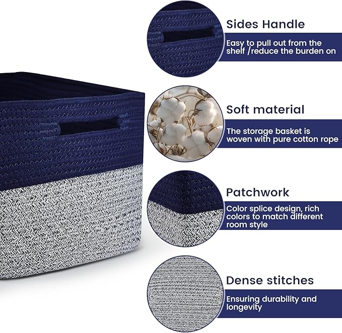 3 Pack Shelf Woven Storage Basket, 15 x 10 x 9” Closet Rope Baskets For Organizing, Square Bins with Handles, Grey+Blue