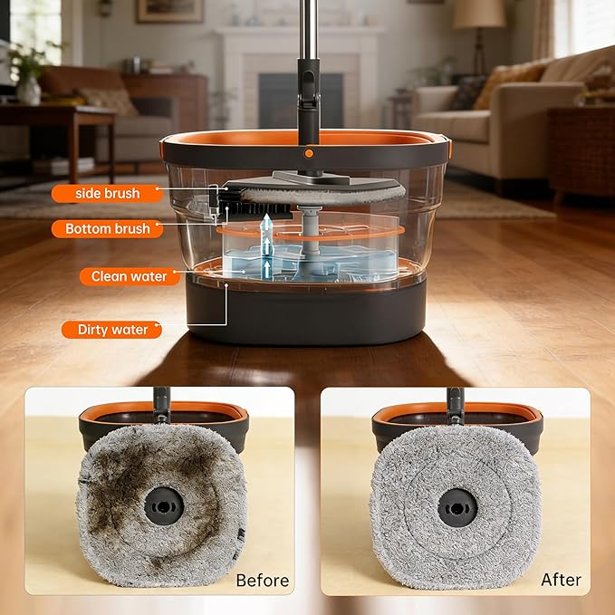 Collapsible Mop and Bucket Set, Spin Mop with Separate Dirty and Clean Water, 6 Replaceable Mopping Pads with Foldable Handle, Deep Cleaning Mops and Buckets for Household Use Floor Cleaning