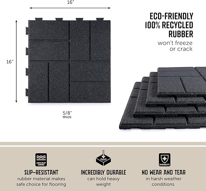 Playsafer Brick Rubber Interlocking Tiles | 16 X 16 | Easy Install for Indoor and Outdoor Use (Dark Gray, 4 Tiles)