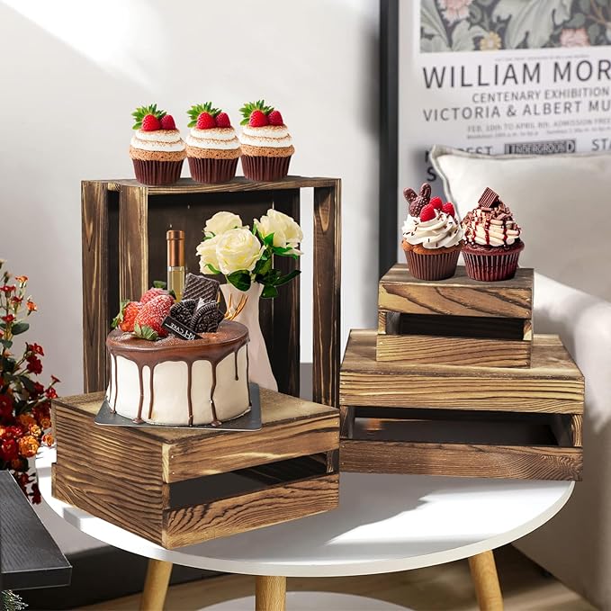 4 Pcs Buffet Risers with Mini Signs, Rustic Wood Cake Stands, Food Risers for Buffet Table, Dessert Display Stand, Wood Crates, Rustic Cake Stand for Party, Wedding, Birthday, Baby Shower, 4 Sizes