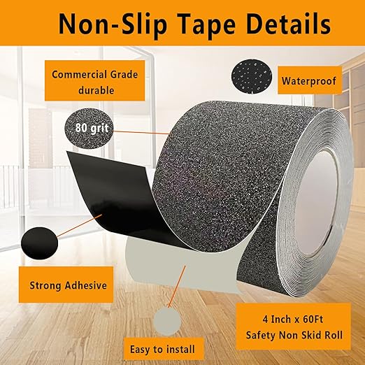 Black Grip Tape, Anti Slip Traction Tape 4Inch x 60Ft Non-Slip Strips Non Skid Safety Tape for Outdoor/Indoor Steps, Stairs, Traction Tread Staircases, Boats