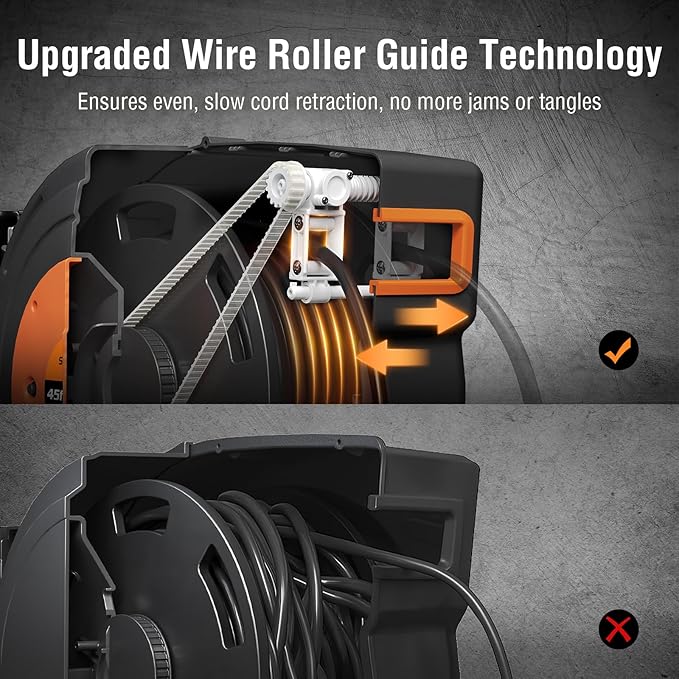 SURAIELEC 50FT Retractable Extension Cord Reel, 14AWG/3C SJTOW Heavy Duty Power Cord with Lighted Triple Tap, 13A Circuit Breaker, Ceiling/Wall Mount for Garage, Shop, Workshop, ETL Listed, Orange