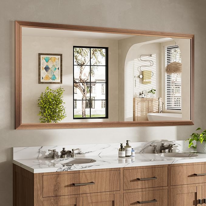 72x36 Inch Bathroom Mirror for Wall, Anti-Rust Walnut Wood Grain Metal Framed Bathroom Mirrors for Over Sink,Rectangler Mirrors for Bathroom Vanity, Farmhouse, Bedroom, Living Room, Entryway Decor