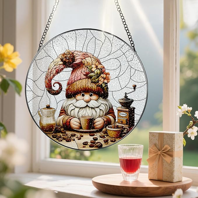 Stained Glass Window Hanging, Pauyadu Charming Gnome Sun Catchers, Stained Glass Suncatcher, Gnome Decor Gifts for Women, Mom, Grandma, Wife - 8 Inch