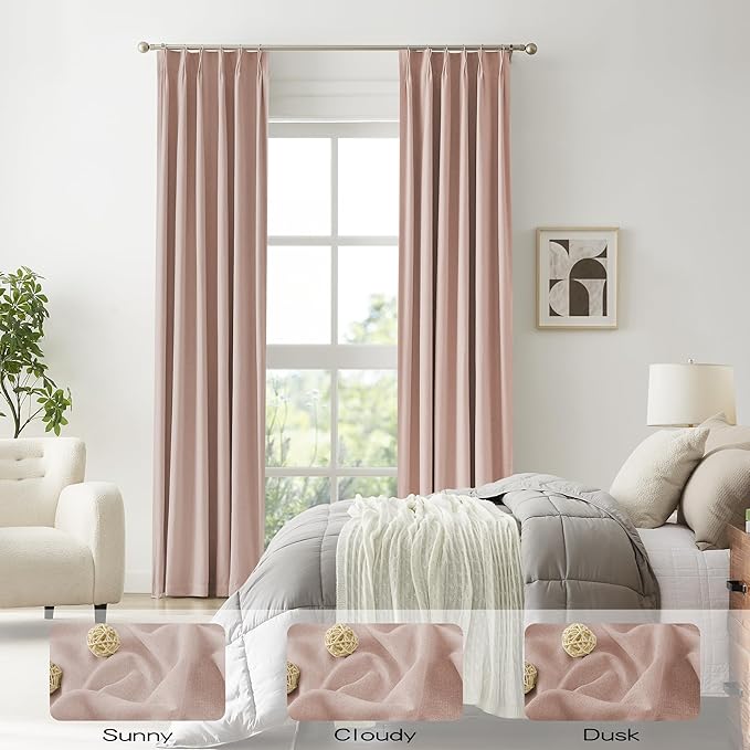 DUALIFE Dusty Pink Pinch Pleated Blackout Curtains 96 Inches Long - Back Tab Room Darkening Drapes with Hooks for Girls Baby Nursery Bedroom, Soft Pale Pink 40 x 96 Inch 2 Panels