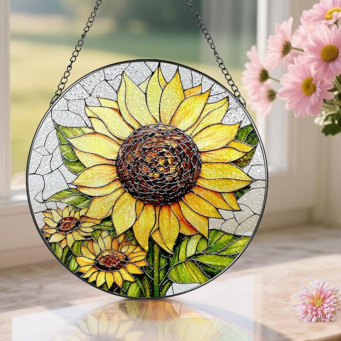8-Inch Stained Glass Ornament, Stained Glass Window Hanging, Sunflower Ornament, Window Hanging Decor Suncatcher | Mother's Day, Christmas, Birthday, Gifts for Sunflower Plant Lovers