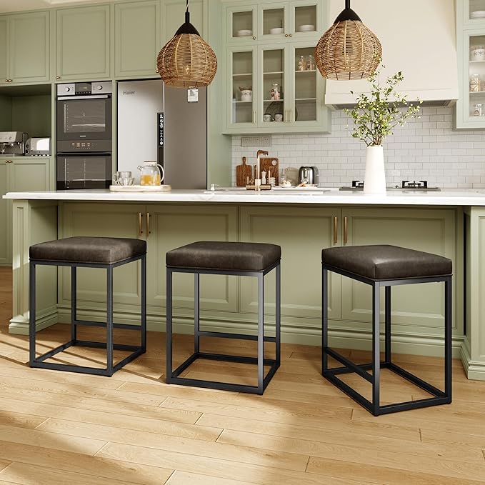 MAISON ARTS Counter Height 24" Bar Stools Set of 2 for Kitchen Counter Backless Modern Barstools Industrial Upholstered Faux Leather Stools Farmhouse Island Chairs, (24 Inch, Grey)