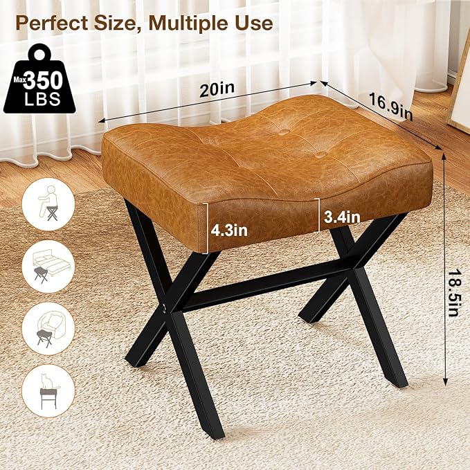 18-Inch Large Leather Vanity Stool, Vanity Chair with Metal X-Leg, Ottoman Accent Stool with Thick Padded Saddle Seat, Brown