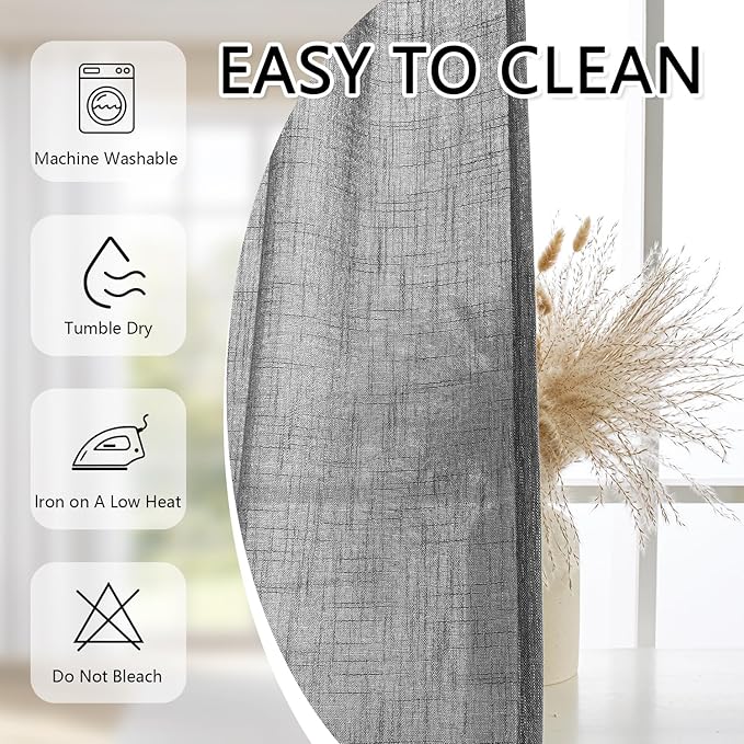 MYSKY HOME Bedroom Curtains Semi Sheer 63 Inch Long Light Filtering Privacy Drapes Linen Look Textured Farmhouse Boho Home Decor, Pinch Pleated Curtain for Bedroom, 40 x 63 in, Dark Grey, 2 Panels