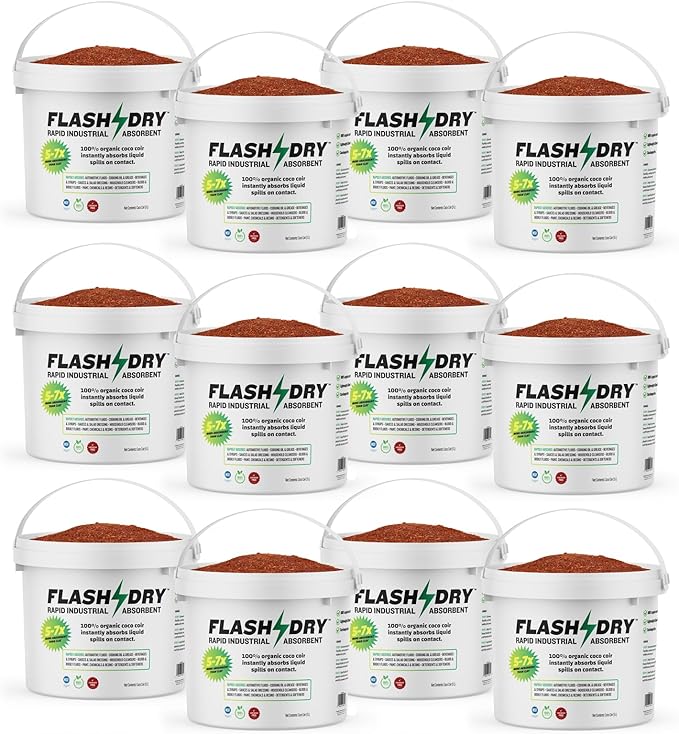 FlashDry Super Spill Absorbent, 5L Bucket with Dispenser Lid, 100% Organic Coco Coir, Landfill Safe, OSHA Approved, Ideal for Absorbing Oil, Paint, Grease in Garages Kitchens Janitor Kits, Pack of 12