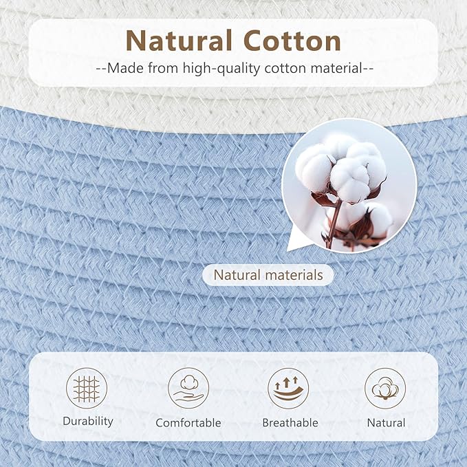 Cotton Rope Basket, Storage Baskets with Handle, 15x10x9 Inch Woven Basket for Shelves, Laundry, Towels, Clothes, Books (White/Blue 3Pack)