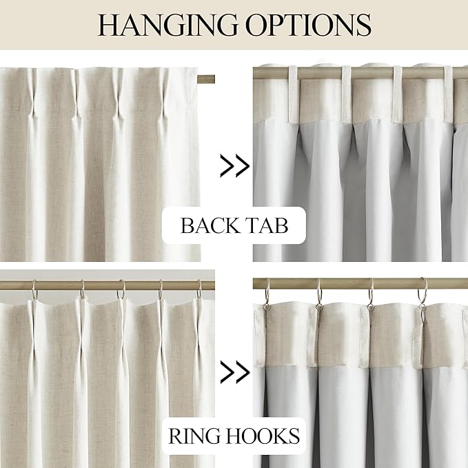 Vision Home Natural Pinch Pleated Full Blackout Curtains Linen Blended Room Darkening Window Curtains 95 inch for Living Room Bedroom Thermal Insulated Pinch Pleat Drapes with Hooks 1 Panel 60"Wx95"L