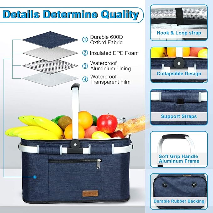LIQING 35L Large Picnic Basket 2 Layers of Internal Pockets Leak-Proof and Insulated ，Folding with Internal Support for enhansed Stability, Wedding Gifts for Couple(Navy Blue)