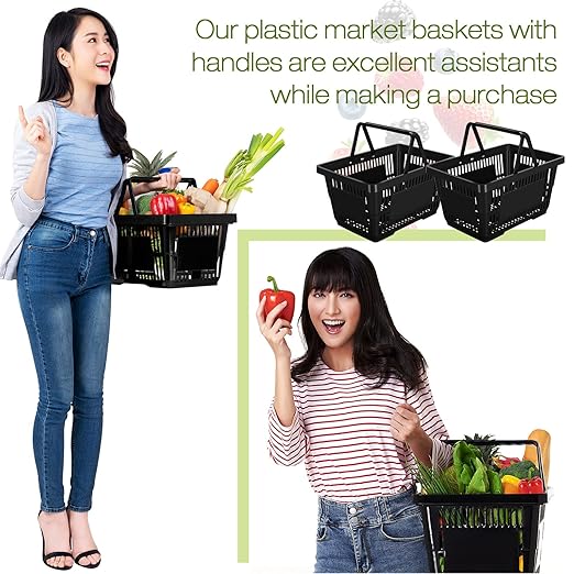 20 Pcs Bulk Shopping Baskets with Handles, 20 L Plastic Grocery Basket 16.9'' x 11.8'' x 9.1'' Portable Shopping Cart for Retail Stores Supermarket(Black)